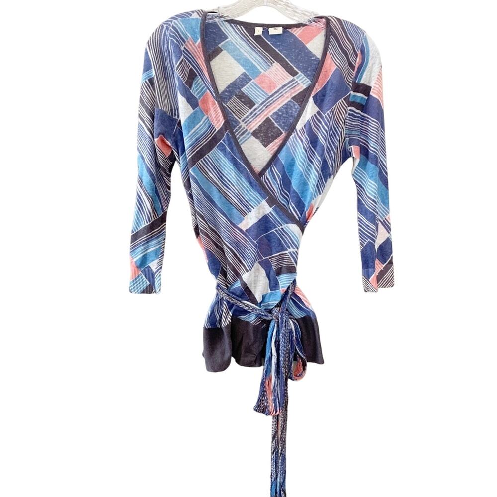 Anthropologie MOTH Pattered Cross Wrap Blue/Coral Cardigan Sweater
